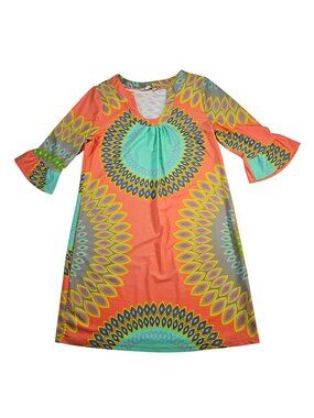 Aryeh 70s Geometric Print Bell Sleeve Tunic Beach Dress Womens Size M Multicolor
